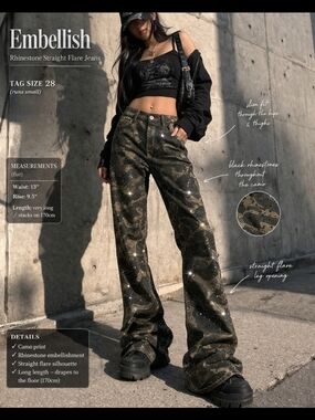 Embellish Rhinestone Camo Straight Flare Jeans - Green Camo